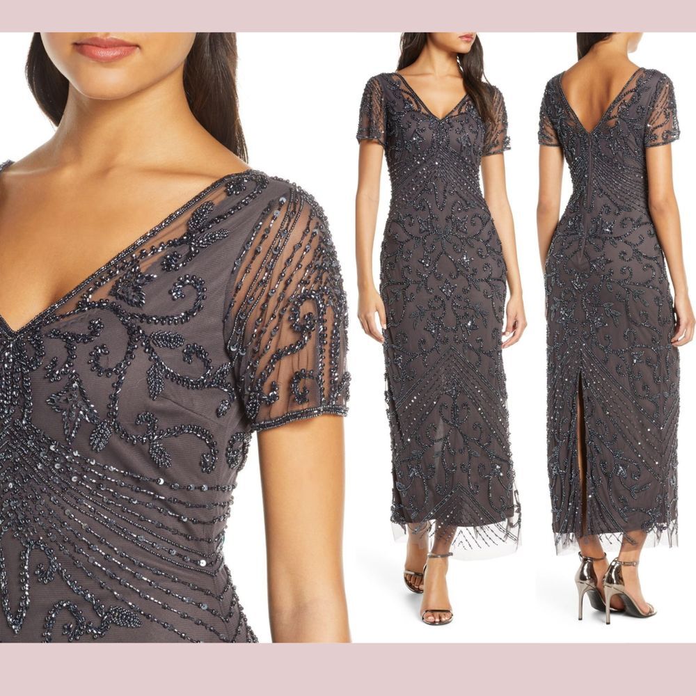 NEW $268 Pisarro Nights [ 12 ] Beaded Mesh Column Gown in‎ Slate